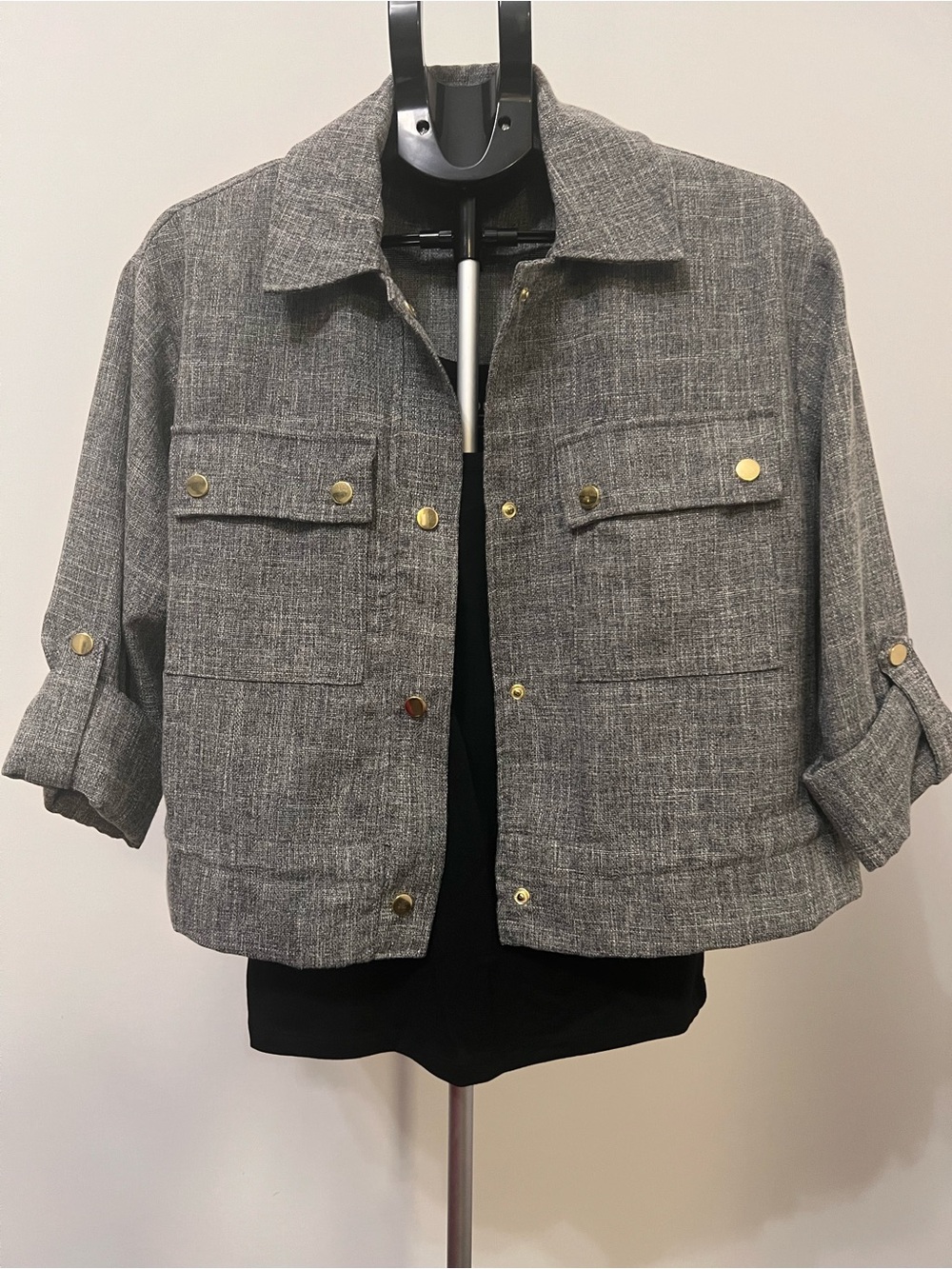 Zara Gray Cropped Utility Jacket Gold Hardware Oversized XS NWOT